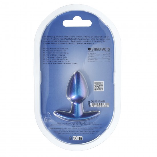 Anal Plug Suave Silicone - S - Metallic Blue O Plug Anal Pequeno Ouch! de 6,5 cm, com sua linda cor metálica, é único. Seja sozinho ou com seu parceiro, explore novos prazeres com estes lindos plugs de silicone macio Ouch!
