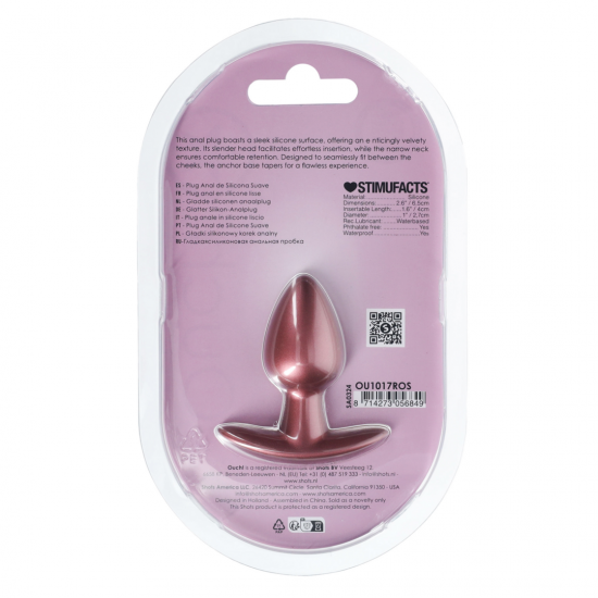 O Plug Anal Pequeno Ouch! de 6,5 cm, com sua linda cor metálica, é único. Seja sozinho ou com seu parceiro, explore novos prazeres com estes lindos plugs de silicone macio Ouch!