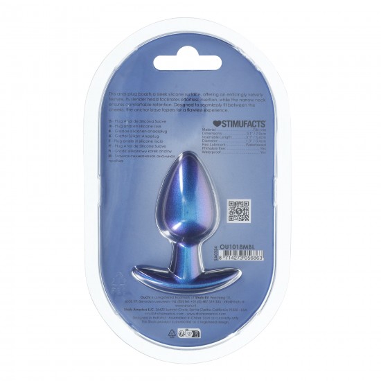Anal Plug Suave Silicone - M - Metallic Blue O Plug Anal Médio Ouch! de 3,1'' / 7,9 cm, com sua linda cor metálica, é único. Seja sozinho ou com seu parceiro, explore novos prazeres com estes lindos plugs de silicone macio Ouch!