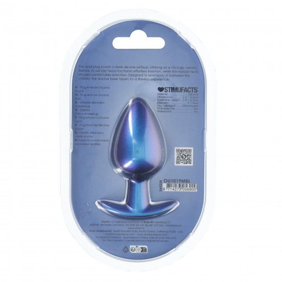 Anal Plug Suave Silicone - L - Metallic Blue O Plug Anal Grande Ouch! de 3,5'' / 8,9 cm, com sua linda cor metálica, é único. Seja sozinho ou com seu parceiro, explore novos prazeres com estes lindos plugs de silicone macio Ouch!