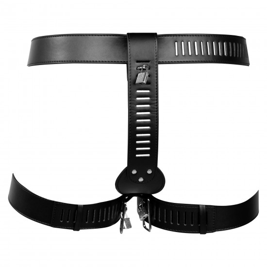 Tranque tudo! O Cinto de Castidade Feminino OUCH! Xtreme com Restrição de Pernas foi projetado para trancar a área mais íntima, dando a você controle total sobre sua parceira. O cinto é feito de couro PU de alta qualidad