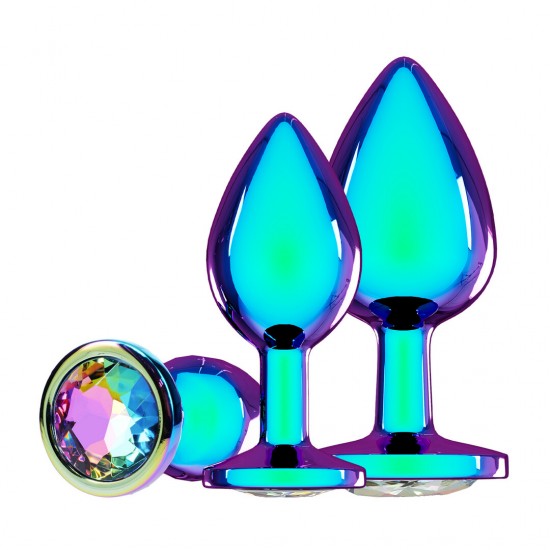 Descubra a sofisticação da International by Ouch! com o Conjunto de Plugs de 3 Peças da Coleção Paris. Com um acabamento iridescente deslumbrante e bases incrustadas com joias, estes plugs de alumínio suave combinam luxo