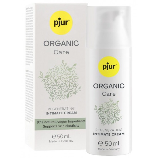 pjur ORGANIC Care – o creme íntimo sem fragrância com 97% de ingredientes naturais e veganos. Proporciona hidratação intensa e duradoura, acalma a pele irritada e estimula a regeneração natural – para uma pele completame