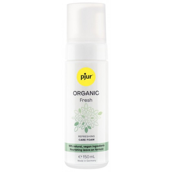 pjur ORGANIC Fresh é uma espuma refrescante sem fragrância com 99% de ingredientes naturais e veganos. Transforma qualquer lenço de papel em um lenço de limpeza suave para a área íntima, deixando uma agradável sensação d