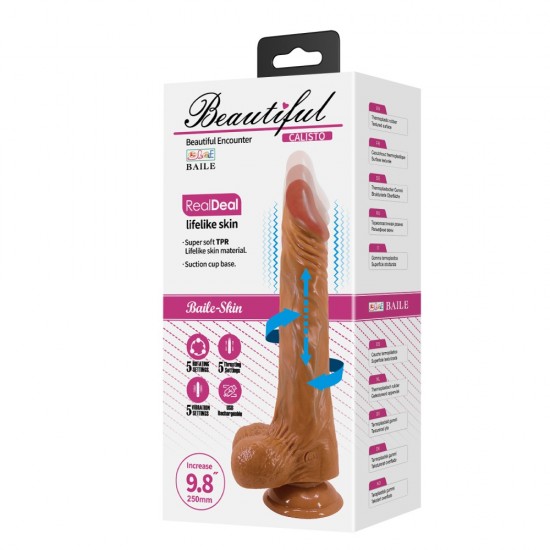 Beautiful Calisto 9,8 Vibrating Dildo Aproveite o banquete de estocadas e rotações! O vibrador com tecnologia de ponta para sensações realistas! Este vibrador realista se destaca por suas funções de estocada e vibração rotativas extraordinariamente intensas.