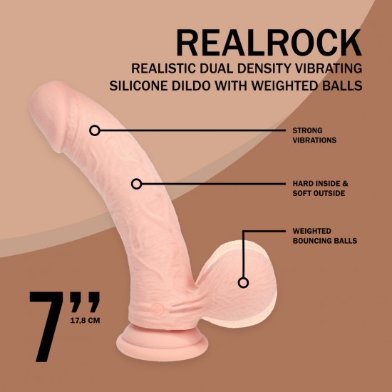 Vibrador de silicone líquido recarregável de dupla camada - Curvo com bolas de peso - 18 cm - Cor da pele