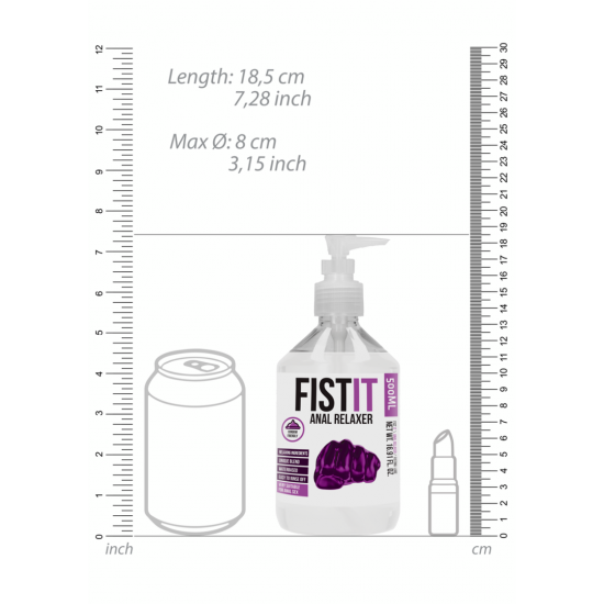 Anal Relaxer - 500 ml Fist It Professional é um lubrificante à base de água. Adequado para uso com preservativos de látex. Testado dermatologicamente, sem gordura, incolor, inodoro e insípido. Modo de usar: Aplique a quantidade de gel desejad
