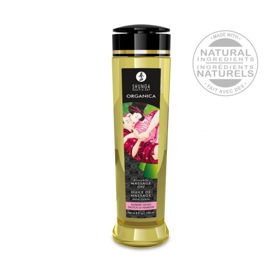 O óleo de massagem de framboesa da Shunga combina uma fórmula feita com óleos vegetais selecionados e uma fragrância doce e fresca de framboesa. Sua textura sedosa facilita a massagem e proporciona um deslizamento suave