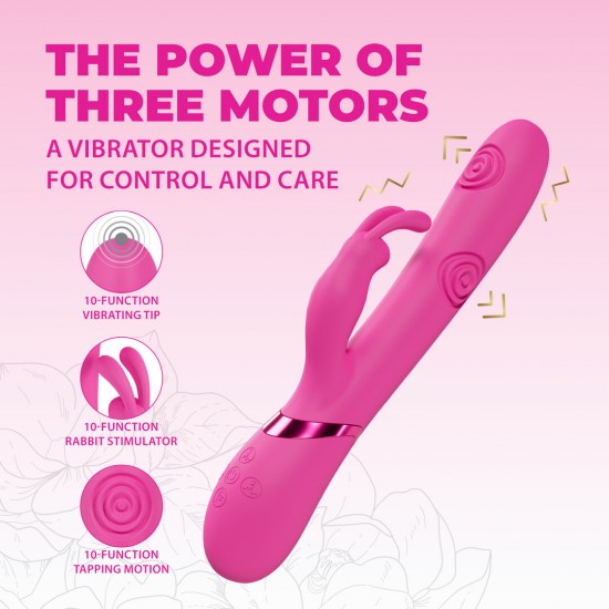 O vibrador VIVE062 é superior à concorrência. Três motores F1 de nova geração, com 10 funções cada, controlados independentemente, alimentam este vibrador de design elegante. Possui função de vibração na ponta para o pon