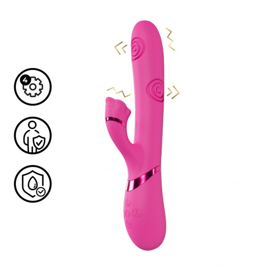O vibrador VIVE063 é superior à concorrência. Três motores F1 de nova geração, com 10 funções cada, controlados independentemente, alimentam este vibrador de design elegante. Possui função de vibração na ponta para o pon