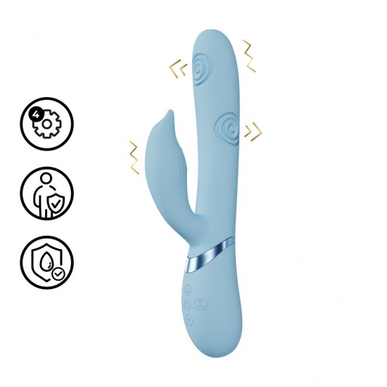 O vibrador VIVE065 é superior à concorrência. Três motores de nova geração F1 com 10 velocidades e funções, controlados independentemente, alimentam este vibrador de design elegante. Possui função de vibração na ponta pa