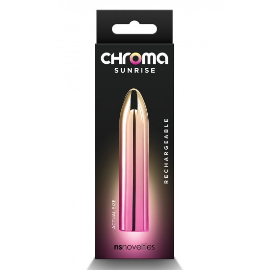 Sunrise by Chroma - uma coleção de vibradores finos e elegantes contendo vibrações robustas e prazeres coloridos. Resistente à água, recarregável e ideal para viagens. Dimensões do produto: 3,54 x 0,75 x 0,75 polegada