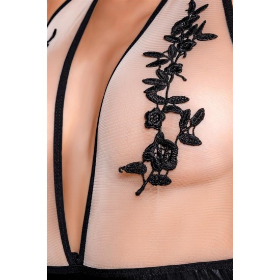 Corpo provocante com top nude com bordado e calcinha elástica com look brilhante. Cor: preto / nude