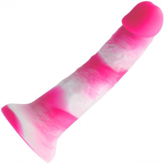 Dong realista em silicone de altíssima qualidade. A textura de cetim proporciona uma sensação mais satisfatória. Com uma discreta porém intensa base de sucção.  Sim, este vibrador listrado de cor intensa parece bom