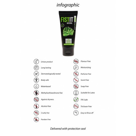 Fist It - Natural - 100 ml Lubrificante à base de água feito com ingredientes naturais. Este lubrificante vegano não contém fragrâncias sintéticas, corantes e conservantes. O frasco e a embalagem são feitos de plástico reciclado e biodegradável. E