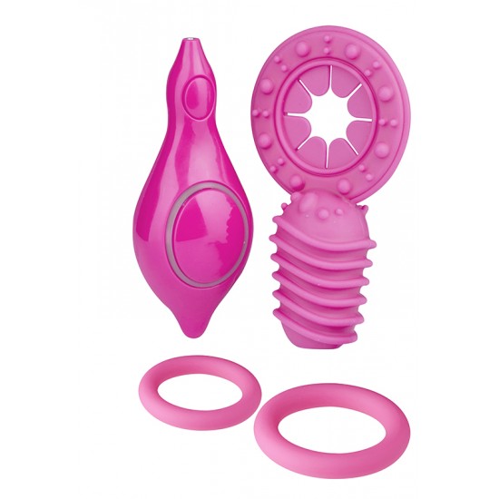 This waterproof easy to clean set becomes with a ten
speeds control device with LED light, two regular stretchy cockrings and one
with a gyrated sleeve.  Batteries not included.