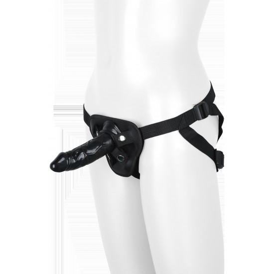 Strap-on com cintas de nylon, de uso confortável e com um dildo substituível.O arnês contém fitas que são totalmente ajustáveis e não vão irritar a sua pele.Com dildo realista de 13cm incluído.Livre de ftalatos.