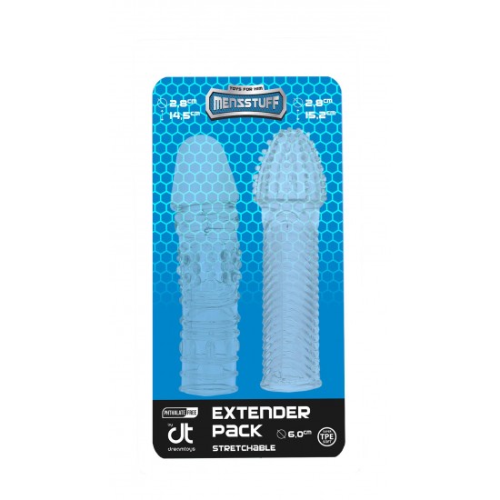 Conjunto de 2 mangas extensoras de circunferência em TPE transparente, macio, superestável e livre de ftalatos.  As mangas texturizadas aumentam a circunferência do pênis, a estimulação da sua cara metade e podem se