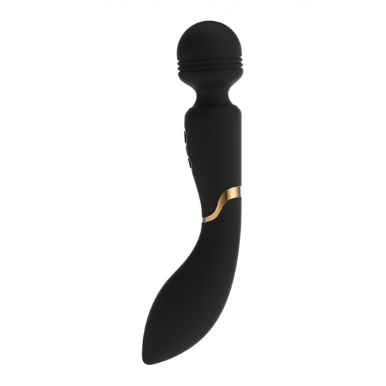 O estimulador wand Celine da coleção Elite da Dream Toys é uma varinha preta com detalhes elegantes em dourado, um cabo resistente, uma cabeça arredondada e um pescoço ligeiramente flexível. Equipado com 2 potentes motor