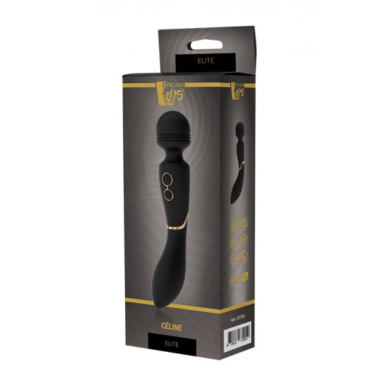 O estimulador wand Celine da coleção Elite da Dream Toys é uma varinha preta com detalhes elegantes em dourado, um cabo resistente, uma cabeça arredondada e um pescoço ligeiramente flexível. Equipado com 2 potentes motor