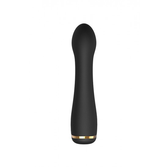 O vibrador de ponto G Juliette da coleção Elite da Dream Toys é um vibrador preto com detalhes elegantes em dourado e uma ponta flexível e dobrada que é perfeita para estimulação do ponto-G. O potente motor oferece-lhe 7