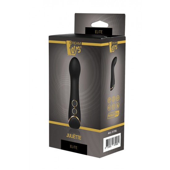 O vibrador de ponto G Juliette da coleção Elite da Dream Toys é um vibrador preto com detalhes elegantes em dourado e uma ponta flexível e dobrada que é perfeita para estimulação do ponto-G. O potente motor oferece-lhe 7