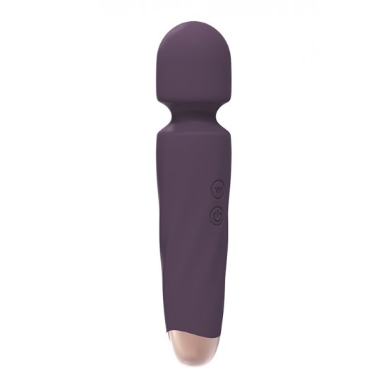 O estimulador wand Nomia da coleção Royal Fantasies da Dream Toys é uma varinha roxa com um toque elegante de cor rosa-dourado na base, cabeça arredondada e pescoço ligeiramente flexível.  O Nomia possui um potente