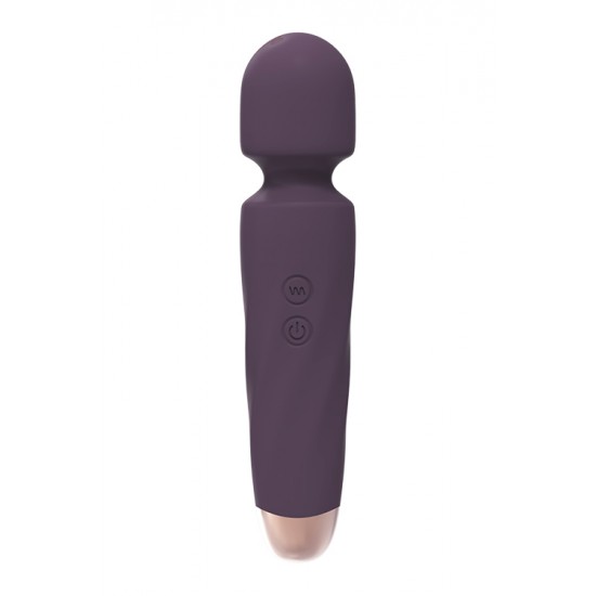 O estimulador wand Nomia da coleção Royal Fantasies da Dream Toys é uma varinha roxa com um toque elegante de cor rosa-dourado na base, cabeça arredondada e pescoço ligeiramente flexível.  O Nomia possui um potente