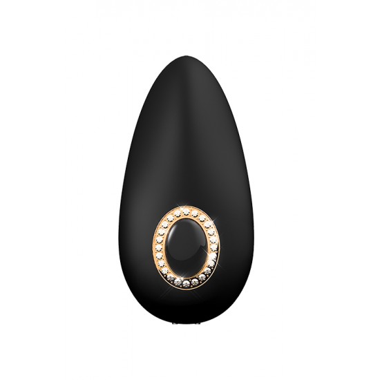 O estimulador Elena da coleção Prestige da Dream Toys é um estimulador preto com um elegante botão em forma de diamante e um anel dourado. A sua forma arredondada e o entalhe liso transmitem as fortes vibrações para o cl