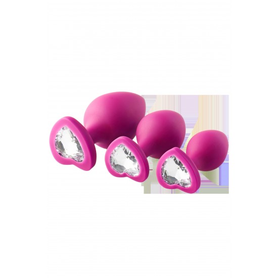 Este conjunto de 3 plugues de silicone é ótimo para usuários que desejam variar os tamanhos dos plugues ou que desejam treinar de pequeno a grande. Os plugues rosa têm uma pedra preciosa em forma de coração na base que f