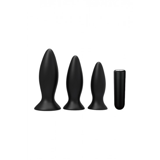 Conjunto de 3 plugs de diferentes tamanhos, pequeno, médio e grande, para treinar o seu prazer anal.De formato cónico para uma inserção facilitada e base alargada que assegura a recuperação conveniente e impede a inserçã