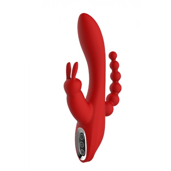 Vibrador rabbit com estimulador clitoris e anal RED REVOLUTION HERA Vibrador de coelho. 2 Motores potentes, na parte superior em forma de cabeça do pênis e no estimulador do clitóris. Eixo flexível. 7 + 3 padrões de vibração. Estimulação do ponto G. Acessório de cordão anal. Cócegas de o