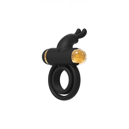 O anel vibratório de pénis Joel da coleção Elite da Dream Toys tem uma estilosa bala vibratória dourada que combina elegantemente com o silicone macio preto do anel. A manga que segura a bala tem um coelho com duas orelh