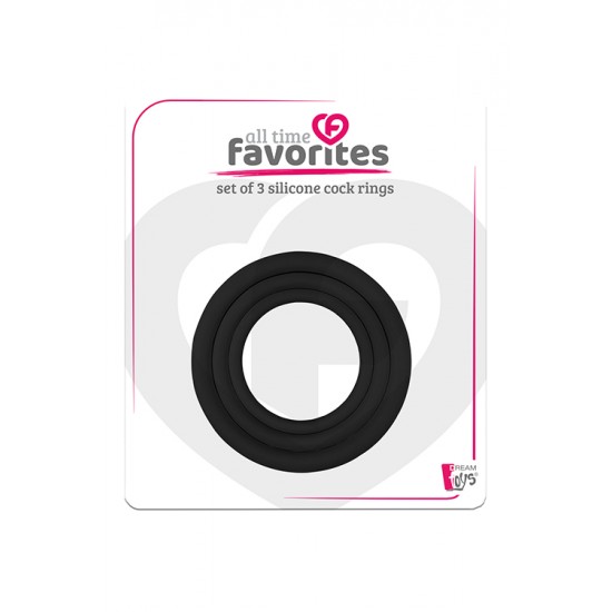 Este conjunto de anéis de silicone para o pênis da marca All Tiime Favorites é ótimo para ereções duras e duradouras. São extensíveis e vêm em 3 tamanhos diferentes, por isso há sempre um que se encaixa perfeitamente ou