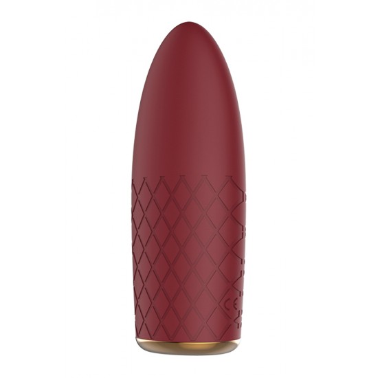Como os outros brinquedos Romance, o minivibrador Marly é elegante e romântico por fora, e cheio de tecnologia por dentro. O vibrador de bolso Marly em vermelho bordô tem uma textura em forma de diamante em silicone maci