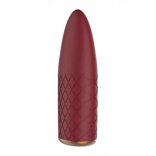 Como os outros brinquedos Romance, o minivibrador Marly é elegante e romântico por fora, e cheio de tecnologia por dentro. O vibrador de bolso Marly em vermelho bordô tem uma textura em forma de diamante em silicone maci