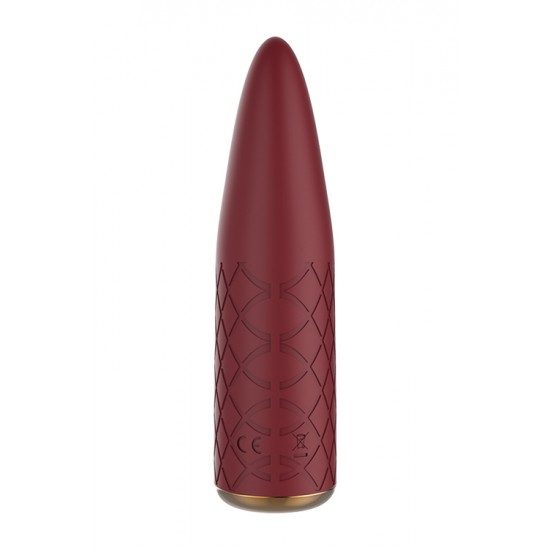 Como os outros brinquedos Romance, o minivibrador Marly é elegante e romântico por fora, e cheio de tecnologia por dentro. O vibrador de bolso Marly em vermelho bordô tem uma textura em forma de diamante em silicone maci