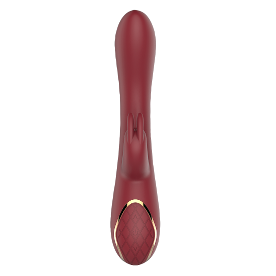 Este vibrador Romance duo com um estimulador clitoriano em forma de coelho é chamado Emily. A caixa tem o estilo romance típico: um fundo de cetim branco, detalhes dourados, imagens claras do brinquedo, uma descrição mul