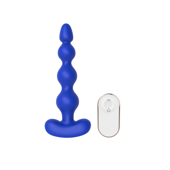 Estimulador anal vibratório com controle remoto. O estimulador tem formato com esferas que vão crescendo em direção ao fundo e ponta cônica. O vibrador anal é flexível e tem uma base sólida em forma de âncora. É à prova