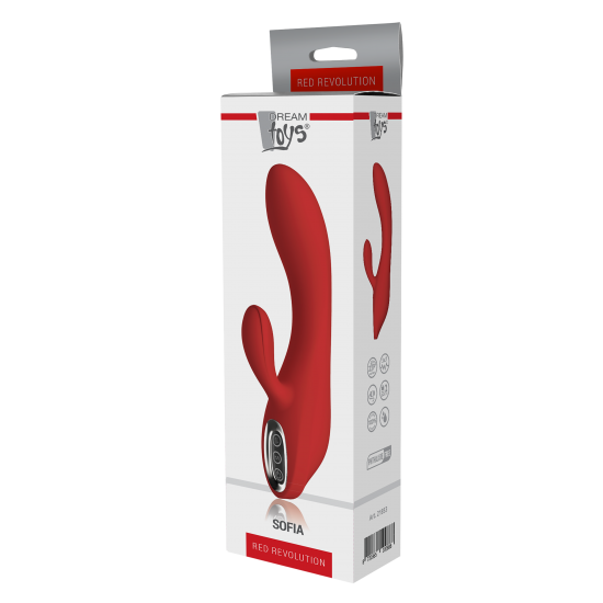 Vibrador estimulador clitoris RED REVOLUTION SOFIA Este vibrador duplo é feito de silicone seguro para o corpo e ABS. Sofia tem 2 motores potentes, no topo e no estimulador clitoriano flexível. O vibrador possui 7 ritmos de vibração. O estimulador de clitóris tem 3 veloc