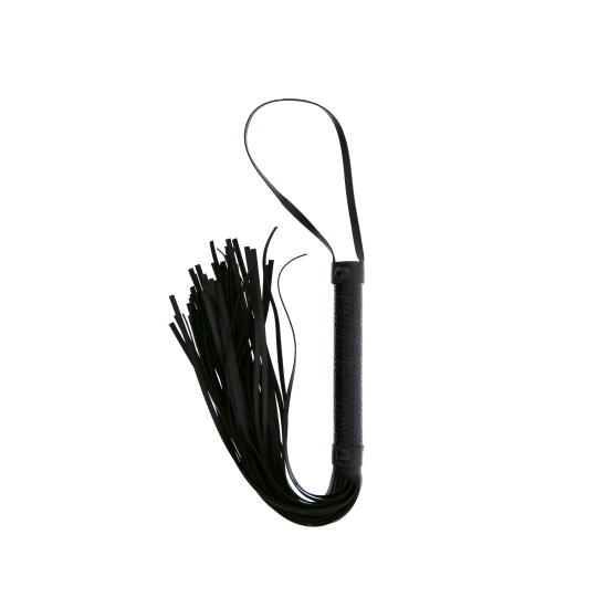 Flogger com cordas de imitação de couro com 24 cm de comprimento. Alça de fácil manuseio feita de material semelhante ao couro com um design elegante e brilhante em couro croco preto. O flogger tem um cabo de pulso conve