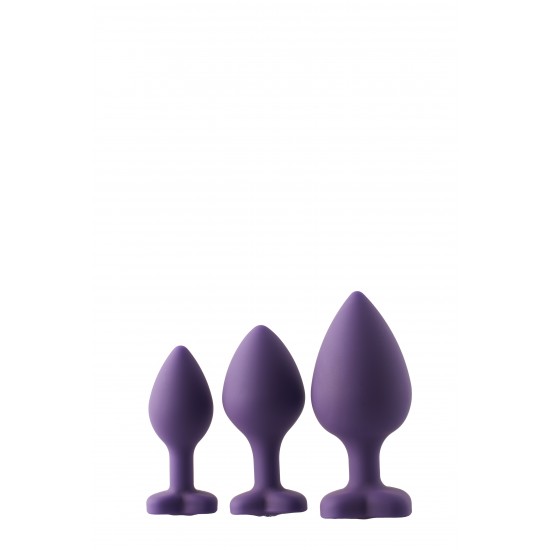 Flirts é a coleção Dream Toys que tem cores vivas e embalagens que lembram primavera, céu azul, dias de sol e flores. Este conjunto de 3 plugues de silicone em roxo é ótimo para usuários que desejam variar os tamanhos do