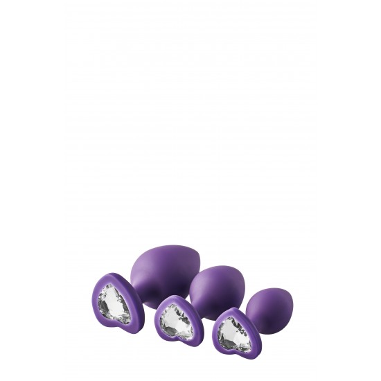 Flirts é a coleção Dream Toys que tem cores vivas e embalagens que lembram primavera, céu azul, dias de sol e flores. Este conjunto de 3 plugues de silicone em roxo é ótimo para usuários que desejam variar os tamanhos do