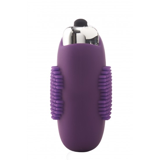 Este anel peniano vibratório Flirts em roxo tem formato de coração e é feito de silicone liso. O anel é elástico e flexível. A parte superior do anel peniano, que contém a bala vibratória de 10 funções, possui protuberân