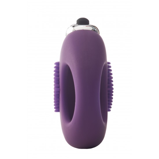 Este anel peniano vibratório Flirts em roxo tem formato de coração e é feito de silicone liso. O anel é elástico e flexível. A parte superior do anel peniano, que contém a bala vibratória de 10 funções, possui protuberân