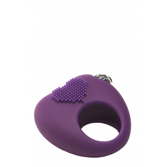 Este anel peniano vibratório Flirts em roxo tem formato de coração e é feito de silicone liso. O anel é elástico e flexível. A parte superior do anel peniano, que contém a bala vibratória de 10 funções, possui protuberân