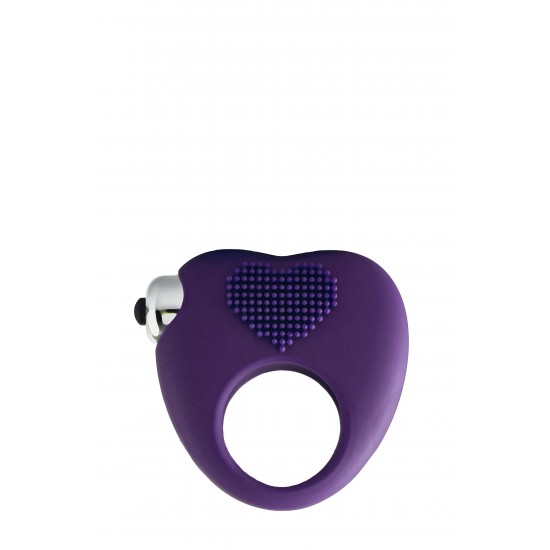 Este anel peniano vibratório Flirts em roxo tem formato de coração e é feito de silicone liso. O anel é elástico e flexível. A parte superior do anel peniano, que contém a bala vibratória de 10 funções, possui protuberân