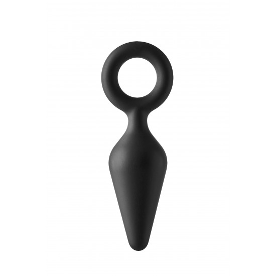 Este plug anal FantASStic possui um anel na base para fácil manuseio. É feito de silicone preto liso e macio ao toque. Este é o menor plug de uma série de 3, adequado para iniciantes que desejam experimentar o prazer ana