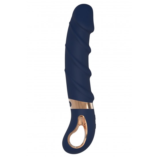 Belenos é feito de silicone azul escuro com detalhes dourados. O vibrador clássico tem uma alça em forma de anel com revestimento de metal que facilita o manuseio e parece luxuoso. Feito de Silicone Líquido, este vibrado