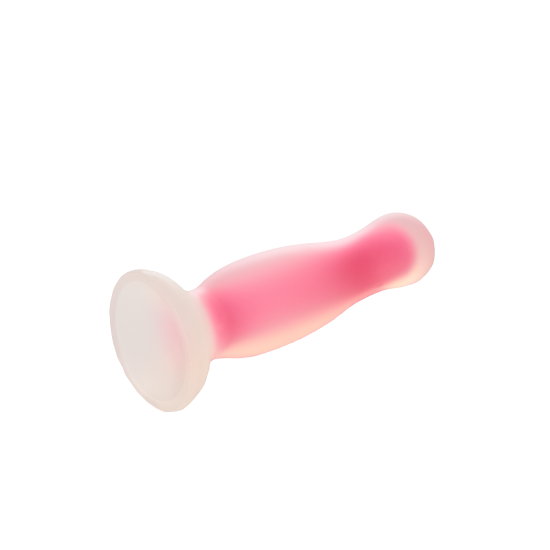 Plug anal que brilha no escuro da marca Radiant da Dream Toys, feito de silicone macio e semitransparente com uma forte ventosa para uso com as mãos livres. Interior rosa brilha roxo no escuro Exterior de silicone macio